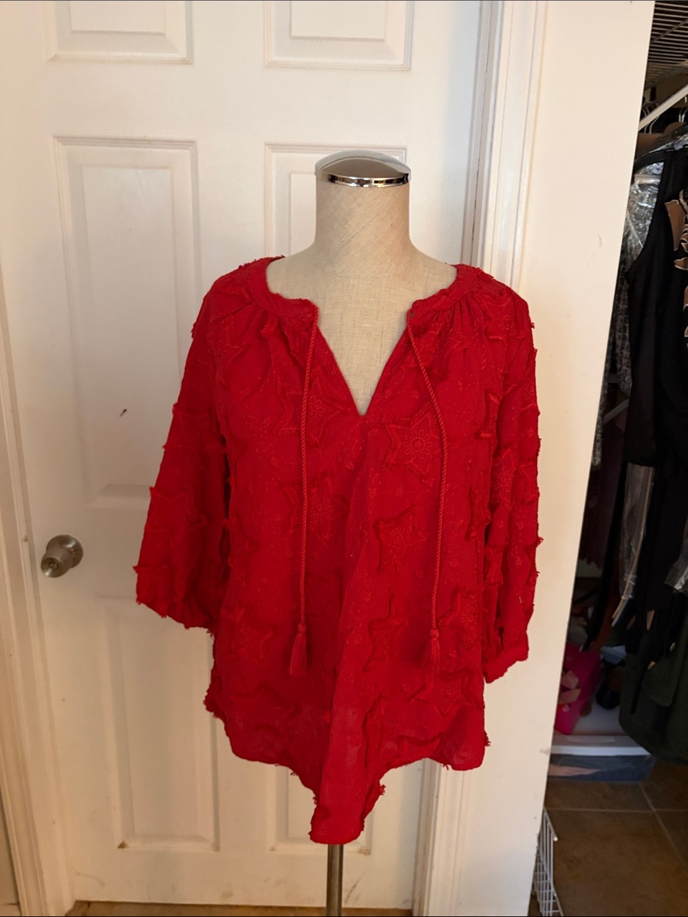 Chico's Vibrant Red Embroidered Tassel V-Neck Tunic